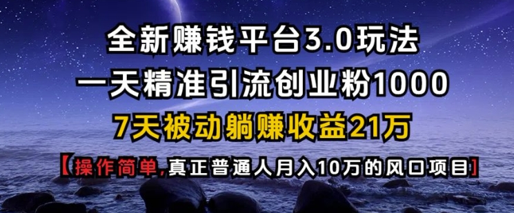 全新赚钱平台3.0玩法一天精准引流创业粉1000.7天被动躺Z收益21W【仅揭秘】-小艾网创