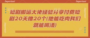 短剧搬运大佬经验分享付费短剧20天撸20个(他能吃肉我们就能喝汤)-小艾网创