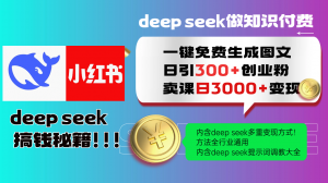 Deep seek 一键免费生成小红书图文日引300+创业粉，日变现3000+教程！...-小艾网创