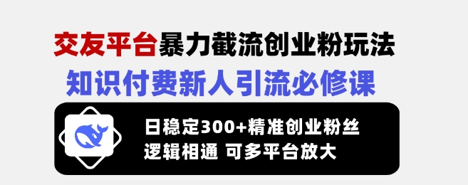 交友平台暴力截流创业粉玩法，知识付费新人引流必修课，日稳定300+精准创业粉丝，逻辑相通可多平台放大-小艾网创