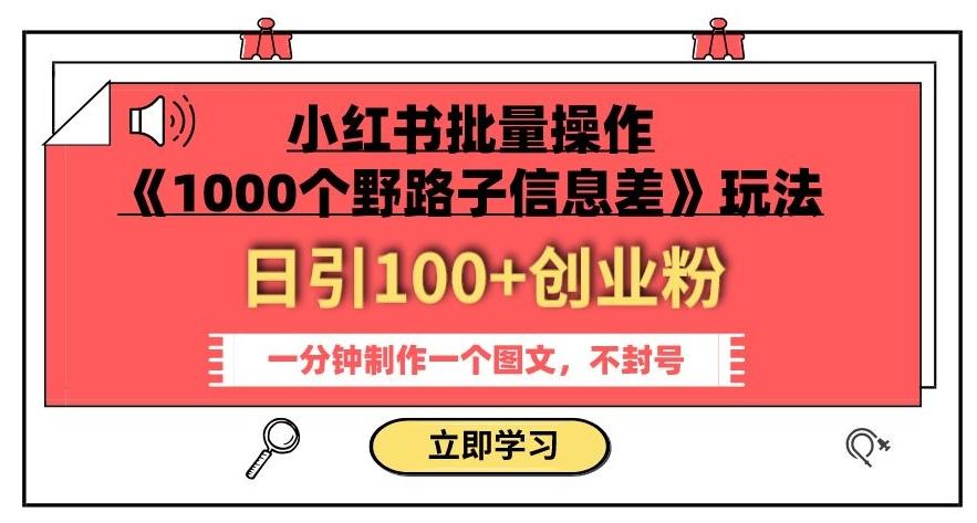 小红书批量操作《1000个野路子信息差》玩法，一分钟制作一个图文，不封号，日引100+创业粉-小艾网创