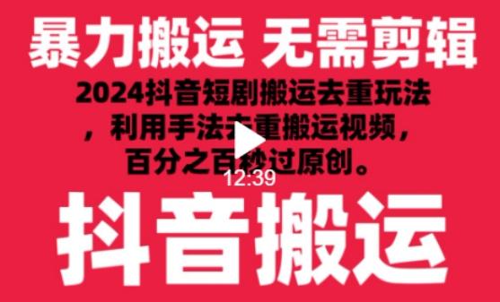 2024最新抖音搬运技术，抖音短剧视频去重，手法搬运，利用工具去重，达到秒过原创的效果【揭秘】-小艾网创