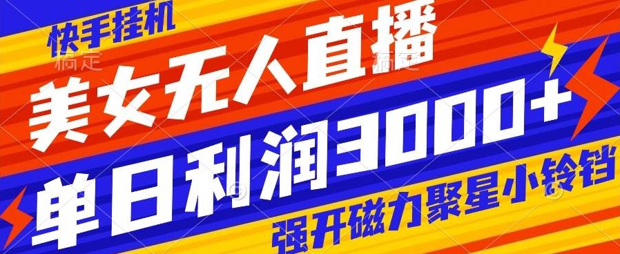 快手挂机，美女无人直播，强开磁力聚星小铃铛，日入3000+-小艾网创