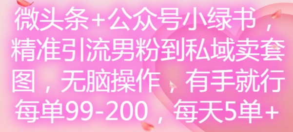 微头条+公众号小绿书，精准引流男粉到私域卖套图，无脑操作，有手就行，每单99-200，每天5单-小艾网创