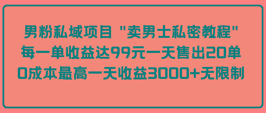 (9730期)男粉私域项目 “卖男士私密教程” 每一单收益达99元一天售出20单-小艾网创